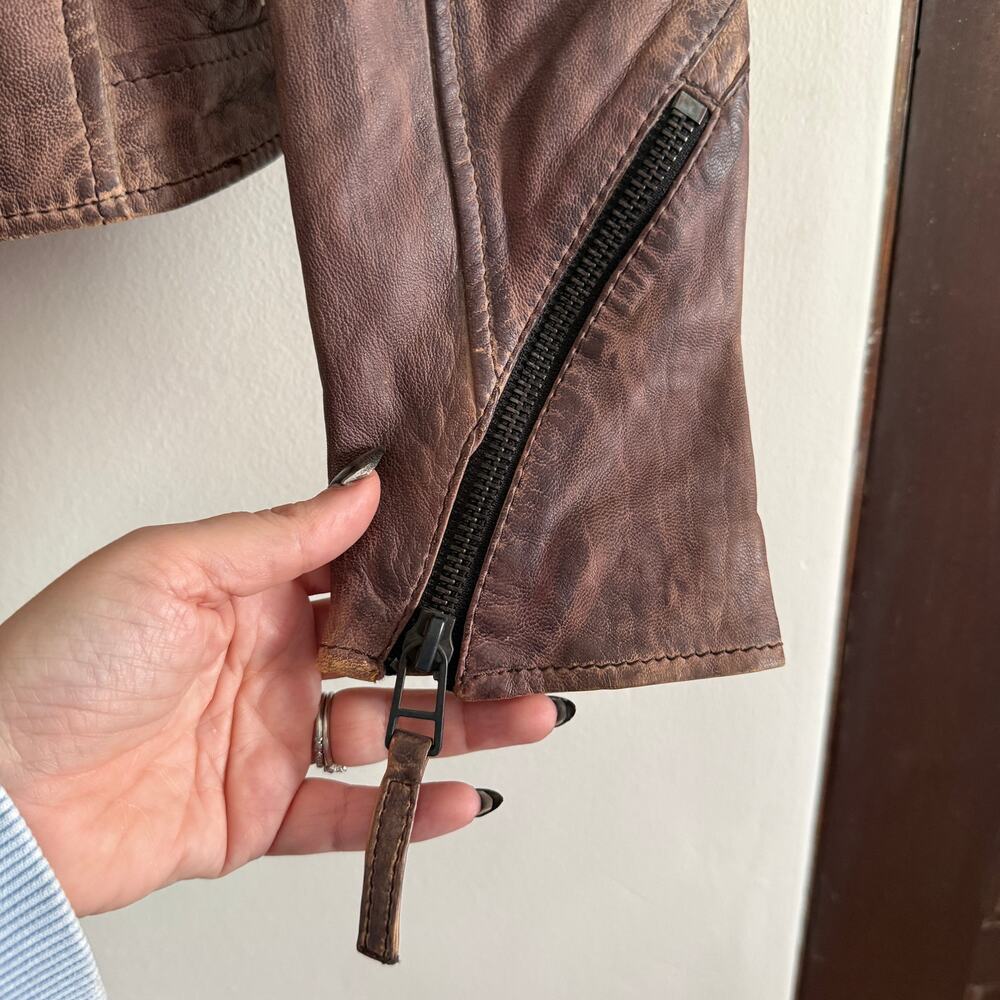 Y2K Vintage Gipsy Brown Distressed Leather Moto Jacket Peace Sign Extra Small - Picture 4 of 7